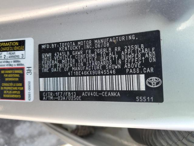 4T1BE46KX9U845546 - 2009 TOYOTA CAMRY BASE SILVER photo 12