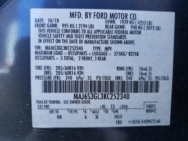 MAJ6S3GL3KC252340 - 2019 FORD ECOSPORT SE GRAY photo 13