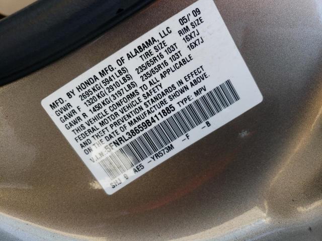 5FNRL38659B411885 - 2009 HONDA ODYSSEY EXL TAN photo 13