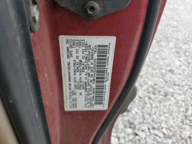 5TBRT34132S222155 - 2002 TOYOTA TUNDRA ACCESS CAB RED photo 12