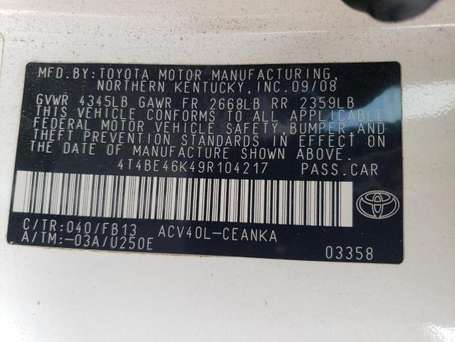 4T4BE46K49R104217 - 2009 TOYOTA CAMRY BASE WHITE photo 12