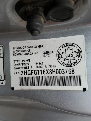 2HGFG116X8H003768 - 2008 HONDA CIVIC LX SILVER photo 12