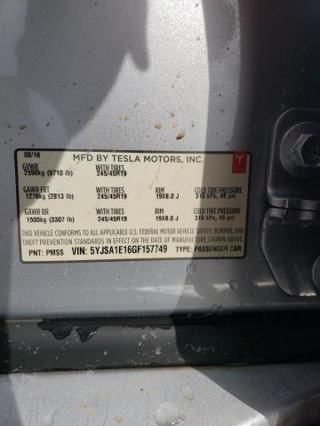 5YJSA1E16GF157749 - 2016 TESLA MODEL S Արծաթագույն լուսանկար 12