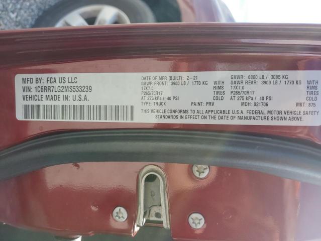 1C6RR7LG2MS533239 - 2021 RAM 1500 CLASS SLT 勃艮第红 照片 12