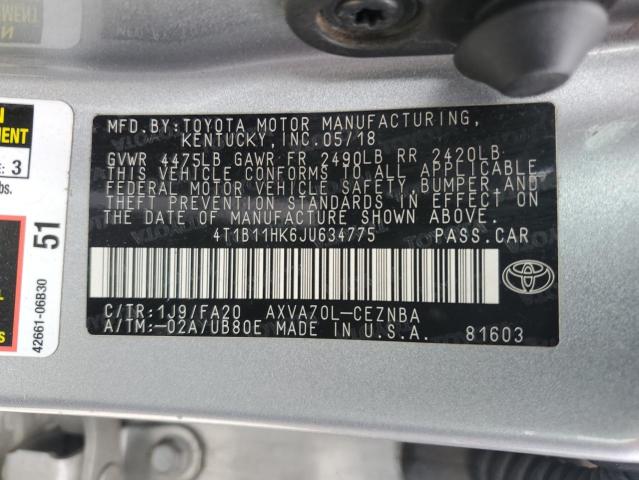 4T1B11HK6JU634775 - 2018 TOYOTA CAMRY L SILVER photo 12