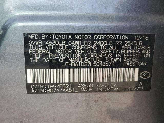 JTHBA1D27H5043674 - 2017 LEXUS IS 200T GRAY photo 13