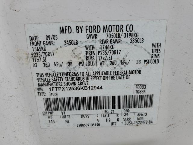 1FTPX12536KB12944 - 2006 FORD F150 WHITE photo 12