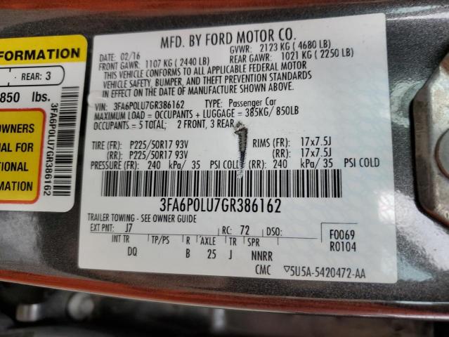 3FA6P0LU7GR386162 - 2016 FORD FUSION SE HYBRID GRAY photo 12