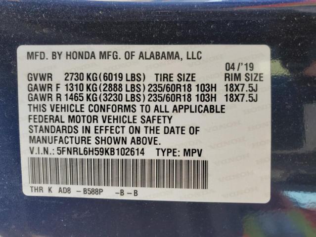 5FNRL6H59KB102614 - 2019 HONDA ODYSSEY EX BLUE photo 13