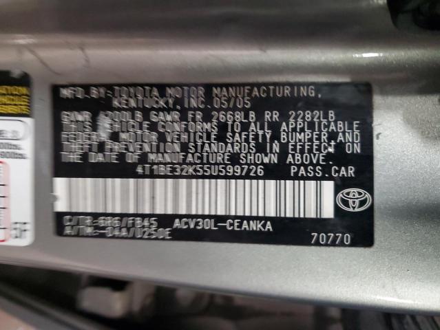 4T1BE32K55U599726 - 2005 TOYOTA CAMRY LE SILVER photo 12