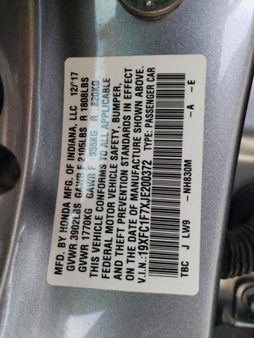 19XFC1F7XJE200372 - 2018 HONDA CIVIC EXL SILVER photo 12