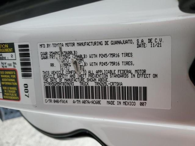 3TYRX5GN5NT039693 - 2022 TOYOTA TACOMA ACCESS CAB თეთრი ფოტო 12