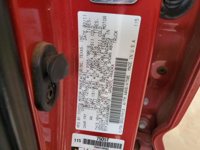 5TFJU4GNXBX009719 - 2011 TOYOTA TACOMA DOUBLE CAB PRERUNNER RED photo 12