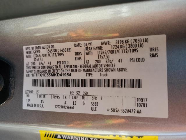 1FTFX1E55MKD41954 - 2021 FORD F150 SUPER CAB SILVER photo 12