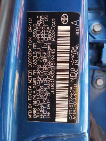 JTDKDTB32C1519443 - 2012 TOYOTA PRIUS C BLUE photo 13