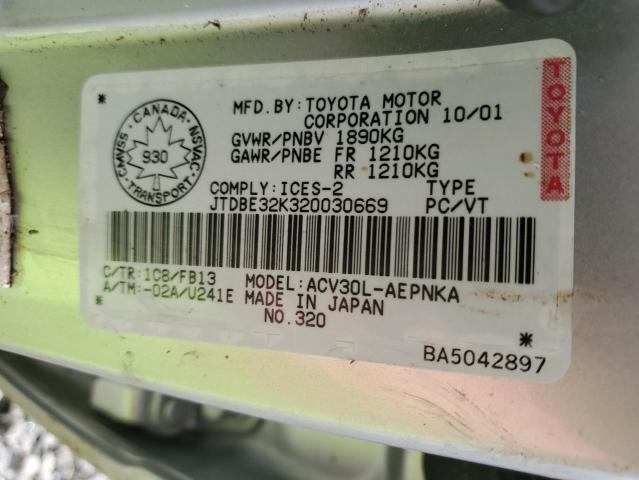 JTDBE32K320030669 - 2002 TOYOTA CAMRY LE SILVER photo 12