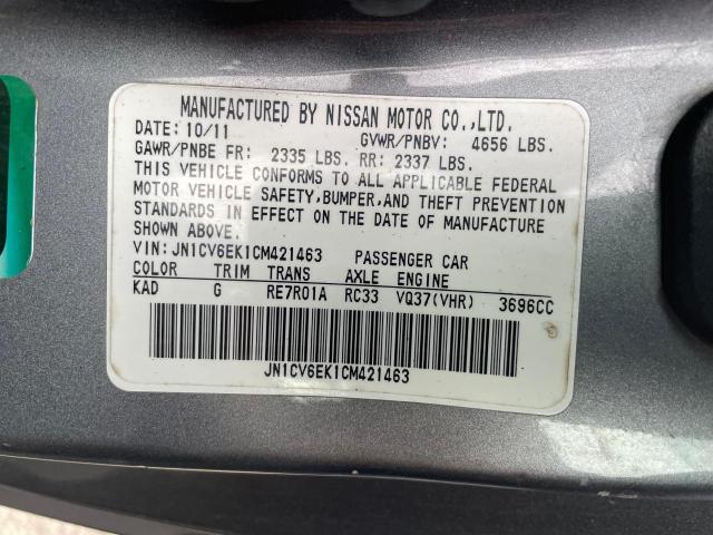 JN1CV6EK1CM421463 - 2012 INFINITI G37 BASE GRAY photo 10