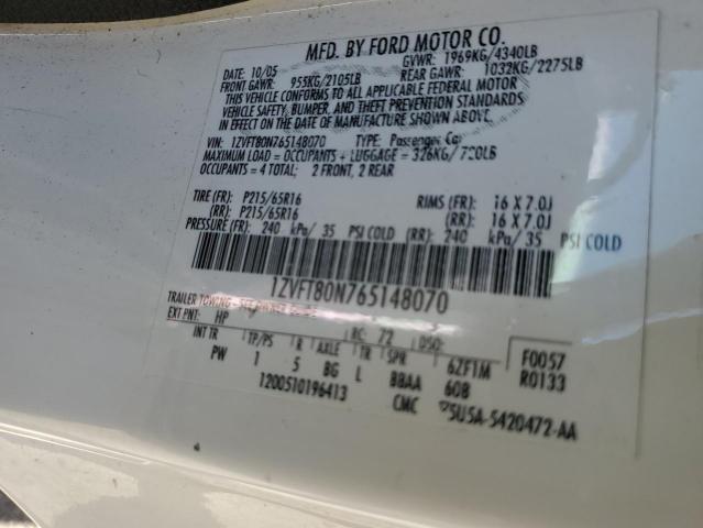 1ZVFT80N765148070 - 2006 FORD MUSTANG WHITE photo 12