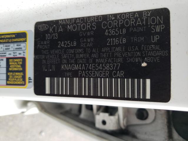 KNAGM4A74E5458377 - 2014 KIA OPTIMA LX WHITE photo 12