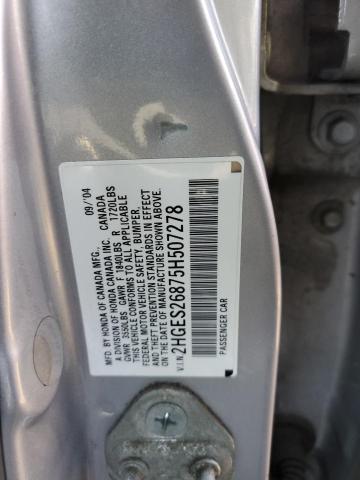 2HGES26875H507278 - 2005 HONDA CIVIC EX SILVER photo 12