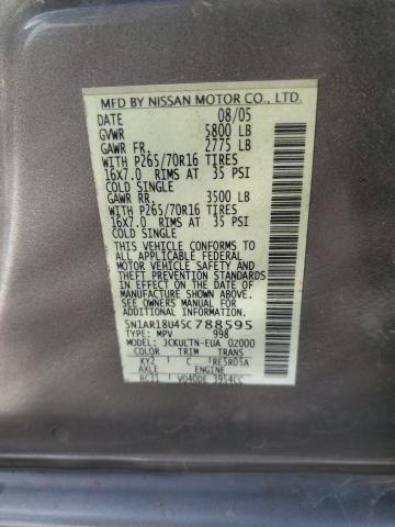 5N1AR18U45C788595 - 2005 NISSAN PATHFINDER LE ნაცრისფერი ფოტო 13