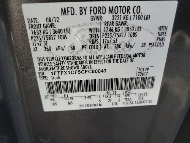 1FTFX1CF5CFC80043 - 2012 FORD F150 SUPER CAB GRAY photo 12