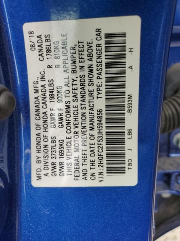 2HGFC2F53JH594856 - 2018 HONDA CIVIC LX BLUE photo 12