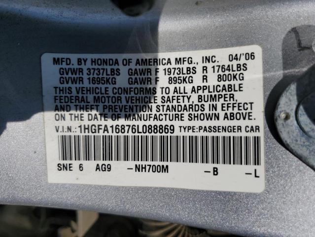 1HGFA16876L088869 - 2006 HONDA CIVIC EX SILVER photo 12