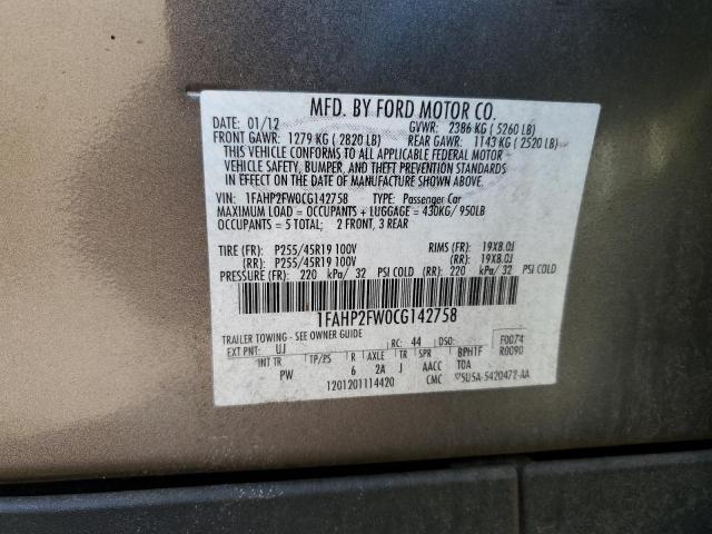 1FAHP2FW0CG142758 - 2012 FORD TAURUS LIMITED GRAY photo 12