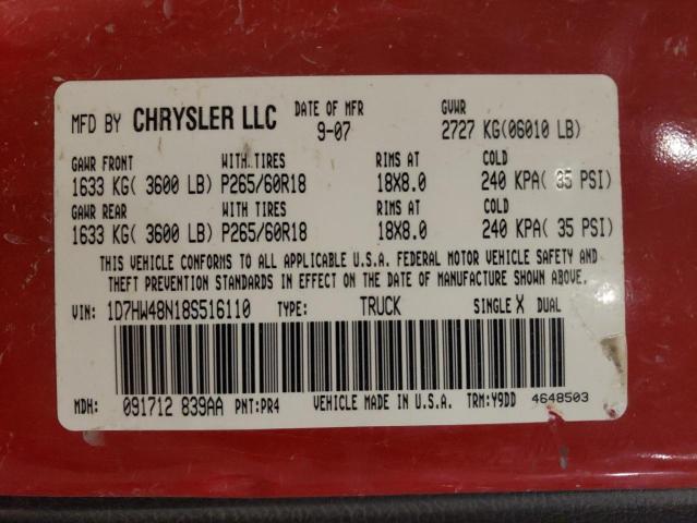 1D7HW48N18S516110 - 2008 DODGE DAKOTA QUAD SLT RED photo 12