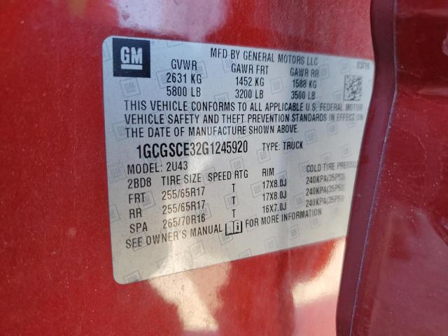 1GCGSCE32G1245920 - 2016 CHEVROLET COLORADO LT RED photo 13