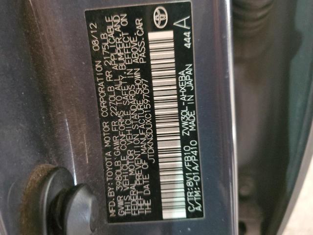 JTDKN3DUXC1597097 - 2012 TOYOTA PRIUS CHARCOAL photo 12