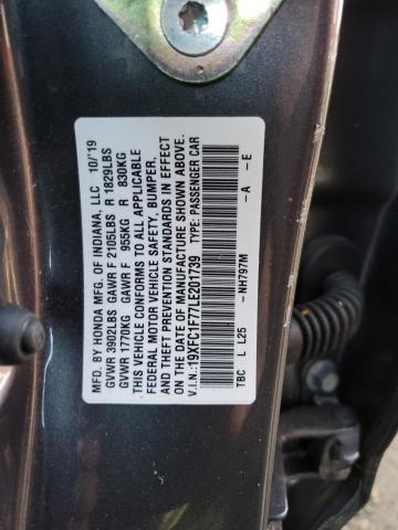 19XFC1F77LE201739 - 2020 HONDA CIVIC EXL ნაცრისფერი ფოტო 12