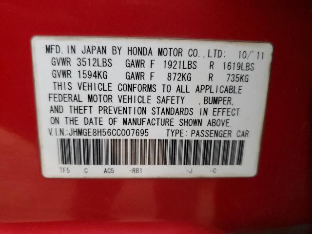 JHMGE8H56CC007695 - 2012 HONDA FIT SPORT RED photo 12