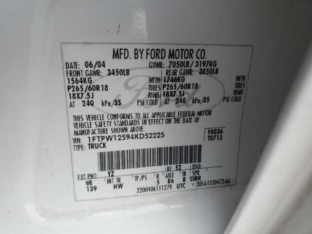 1FTPW12594KD52225 - 2004 FORD F150 SUPERCREW WHITE photo 12