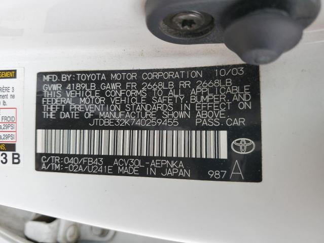 JTDBE32K740259455 - 2004 TOYOTA CAMRY LE WHITE photo 12