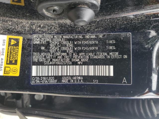 5TDJKRFH9GS237559 - 2016 TOYOTA HIGHLANDER XLE BLACK photo 13