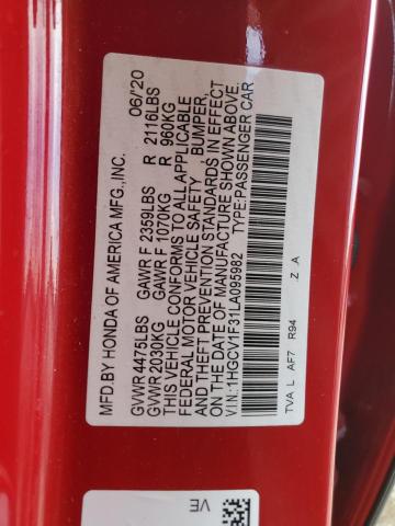 1HGCV1F31LA095982 - 2020 HONDA ACCORD SPORT RED photo 12