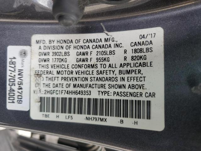 2HGFC1F74HH649353 - 2017 HONDA CIVIC EXL ნაცრისფერი ფოტო 12