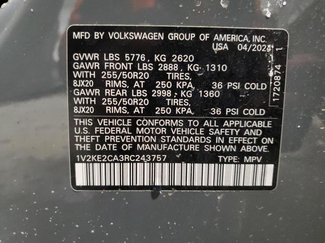 1V2KE2CA3RC243757 - 2024 VOLKSWAGEN ATLAS CROS SE Մոխրագույն լուսանկար 13