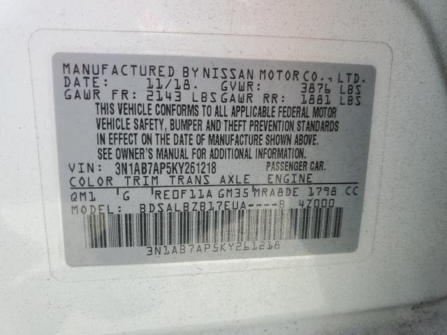 3N1AB7AP5KY261218 - 2019 NISSAN SENTRA S WHITE photo 12