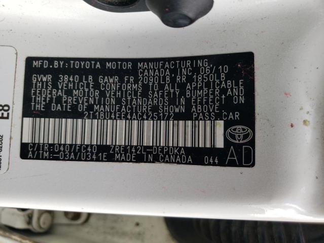 2T1BU4EE4AC425172 - 2010 TOYOTA COROLLA BASE WHITE photo 12