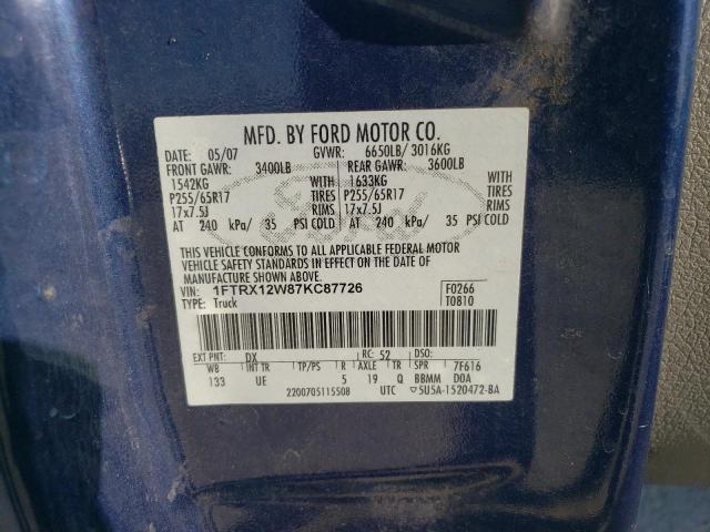 1FTRX12W87KC87726 - 2007 FORD F150 BLUE photo 12