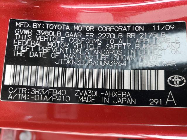 JTDKN3DU5A0093964 - 2010 TOYOTA PRIUS RED photo 13