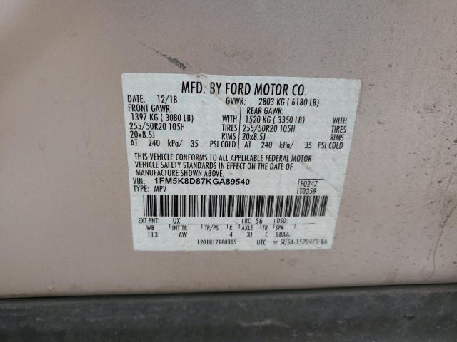 1FM5K8D87KGA89540 - 2019 FORD EXPLORER XLT SILVER photo 13