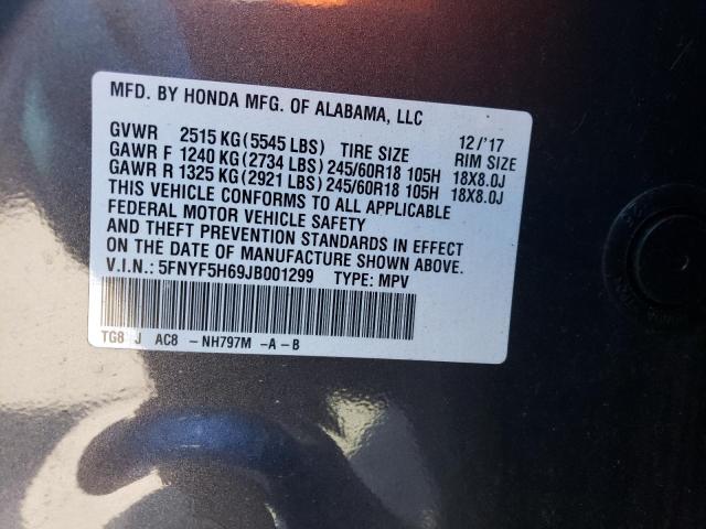 5FNYF5H69JB001299 - 2018 HONDA PILOT EXL GRAY photo 13