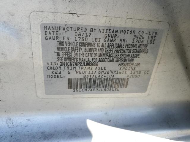 3N1CN7AP2JL802656 - 2018 NISSAN VERSA S SILVER photo 12