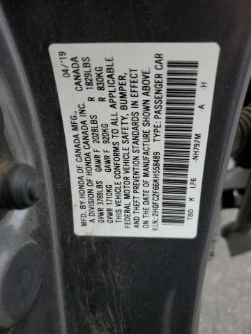 2HGFC2F66KH558489 - 2019 HONDA CIVIC LX GRAY photo 13