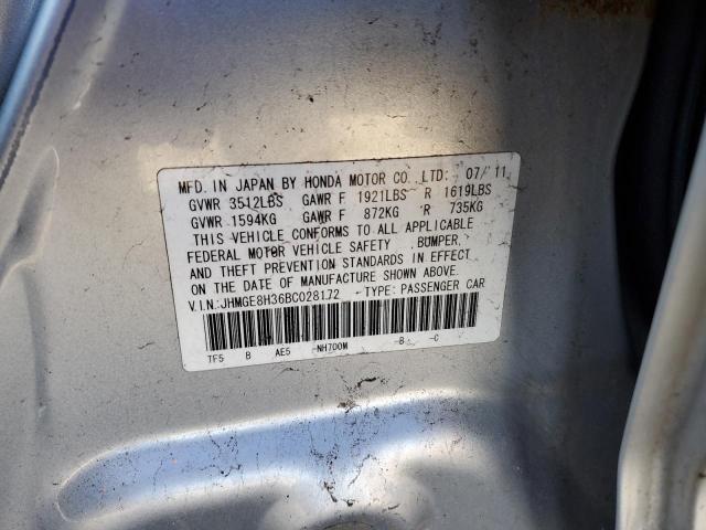 JHMGE8H36BC028172 - 2011 HONDA FIT SILVER photo 12