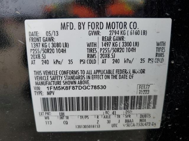 1FM5K8F87DGC78530 - 2013 FORD EXPLORER LIMITED BLACK photo 12